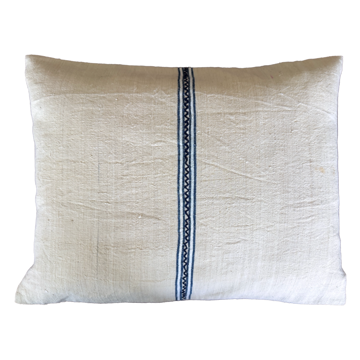 Handmade Antique Linen Pillow Cover with Blue Woven Stripe Detail