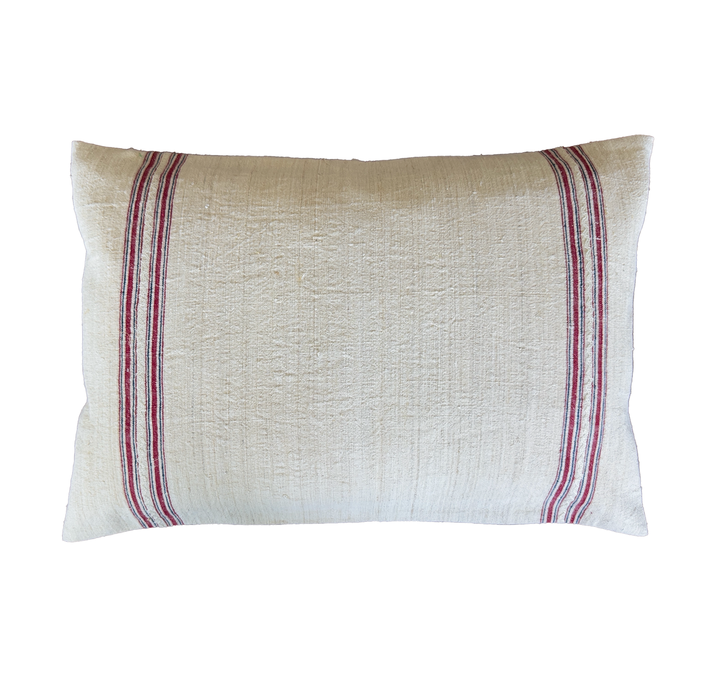 Authentic antique handwoven linen pillow cover with red heritage stripes, handmade from vintage linen for farmhouse and rustic home décor.