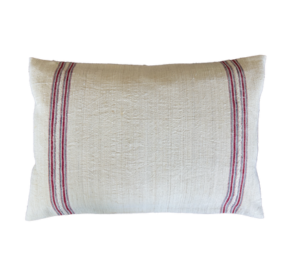 Authentic antique handwoven linen pillow cover with red heritage stripes, handmade from vintage linen for farmhouse and rustic home décor.