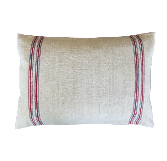 Authentic antique handwoven linen pillow cover with red heritage stripes, handmade from vintage linen for farmhouse and rustic home décor.
