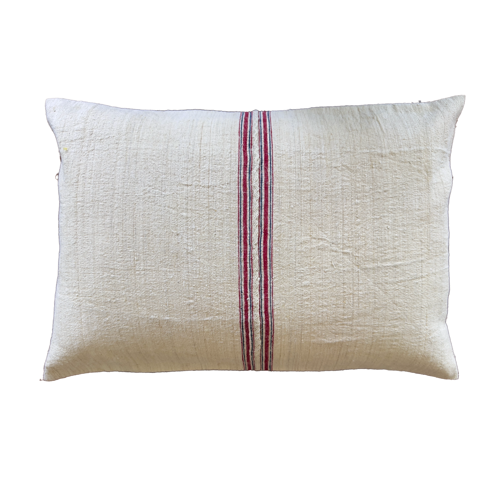Authentic antique handwoven linen pillow cover featuring classic red heritage stripes. Handmade vintage textile for farmhouse, rustic and French country homes.