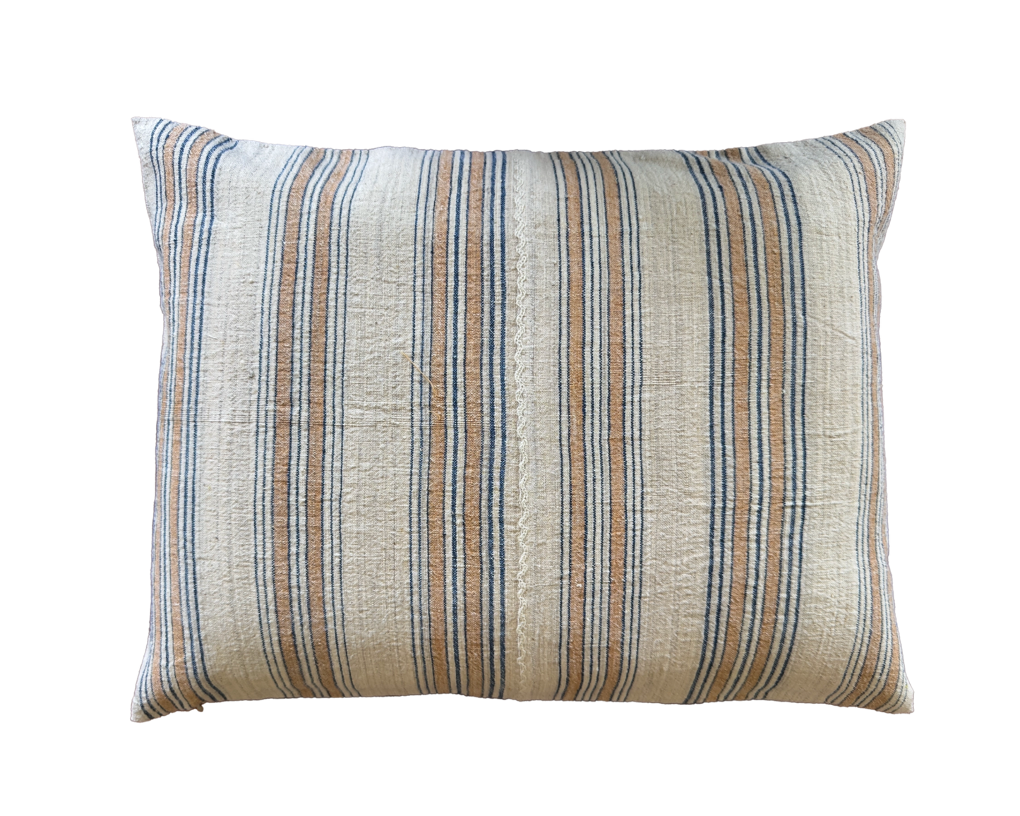 Decorative throw pillow with a linen fabric, featuring vertical stripes in beige, and blue on a solid white background.
