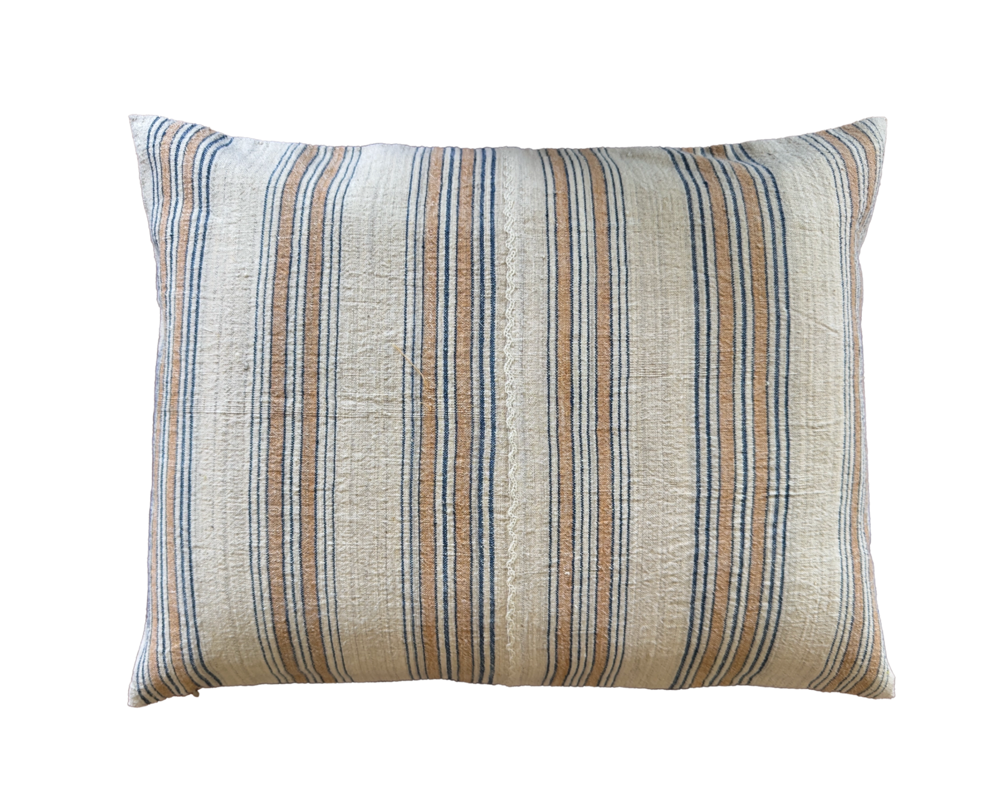 Decorative throw pillow with a linen fabric, featuring vertical stripes in beige, and blue on a solid white background.