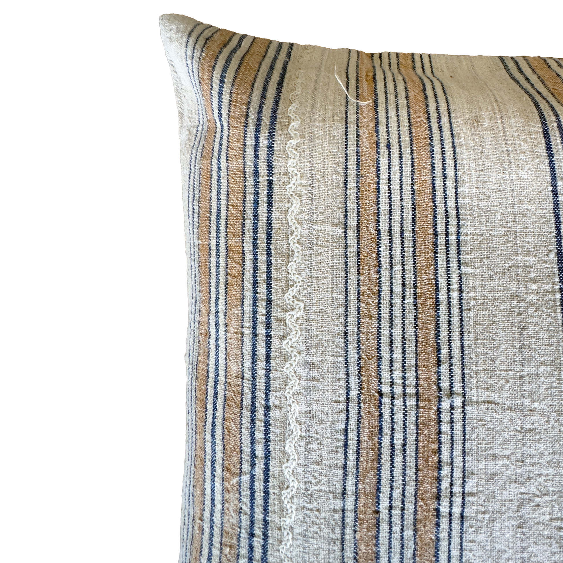 Antique Handwoven Linen Pillow Cover with Blue and Beige Heritage Stripes