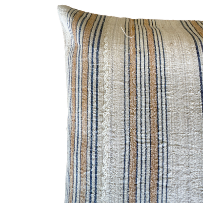 Antique Handwoven Linen Pillow Cover with Blue and Beige Heritage Stripes