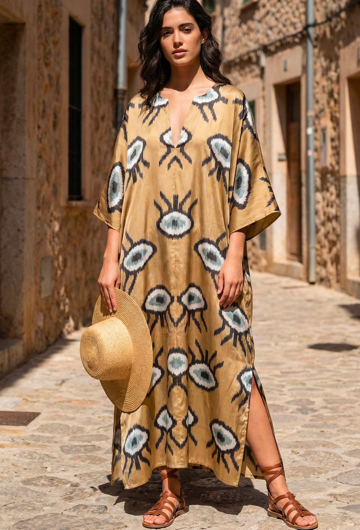 Hand-woven silk ikat kaftan detail