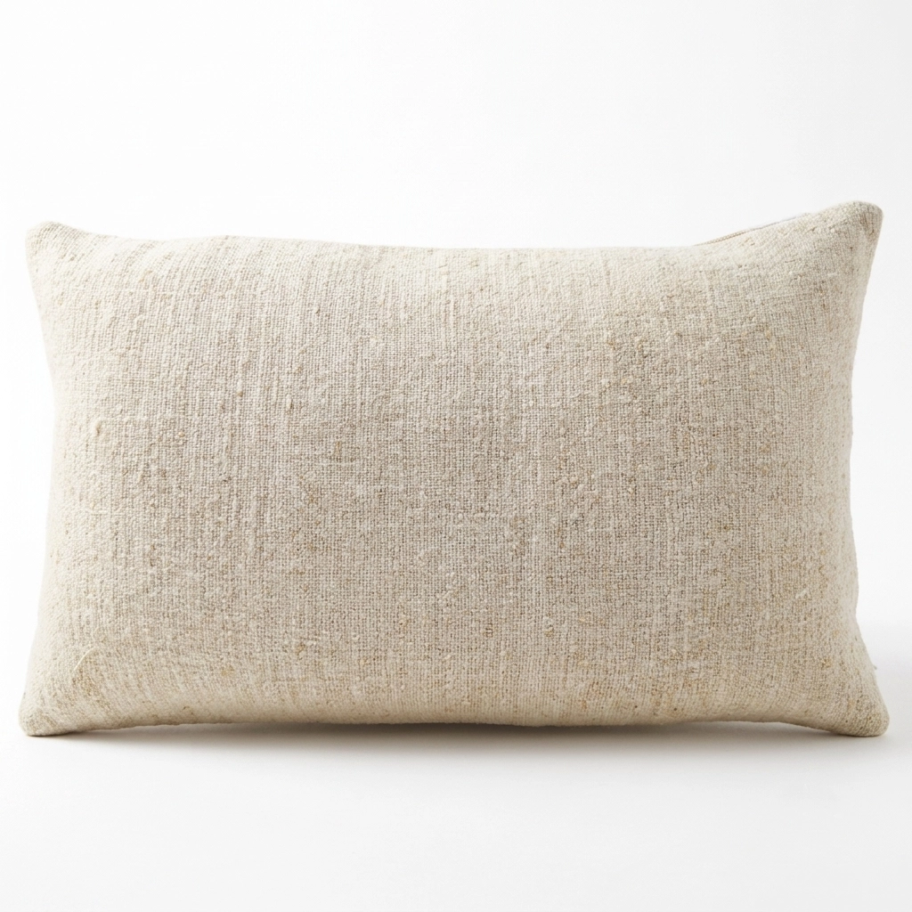 A rectangular lumbar pillow in a textured beige linen fabric, shown against a plain white background.
