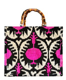 Bamboo Handled Pomegranate Pattern Ikat Velvet Large Tote Bag