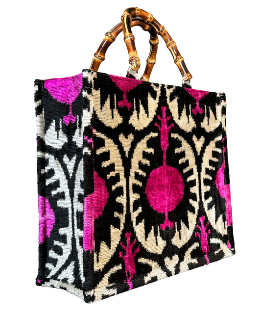 Bamboo Handled Pomegranate Pattern Ikat Velvet Large Tote Bag