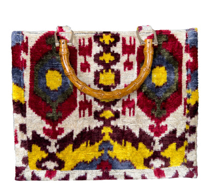 Silk velvet ikat handmade bambu handles totebag