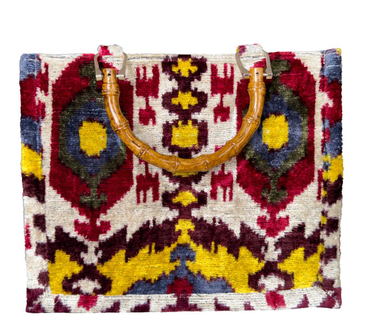 Silk velvet ikat handmade bambu handles totebag