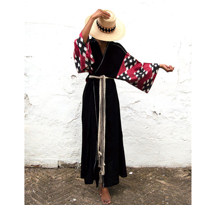 Silk Ikat Muslin Robe Black&Burgundy