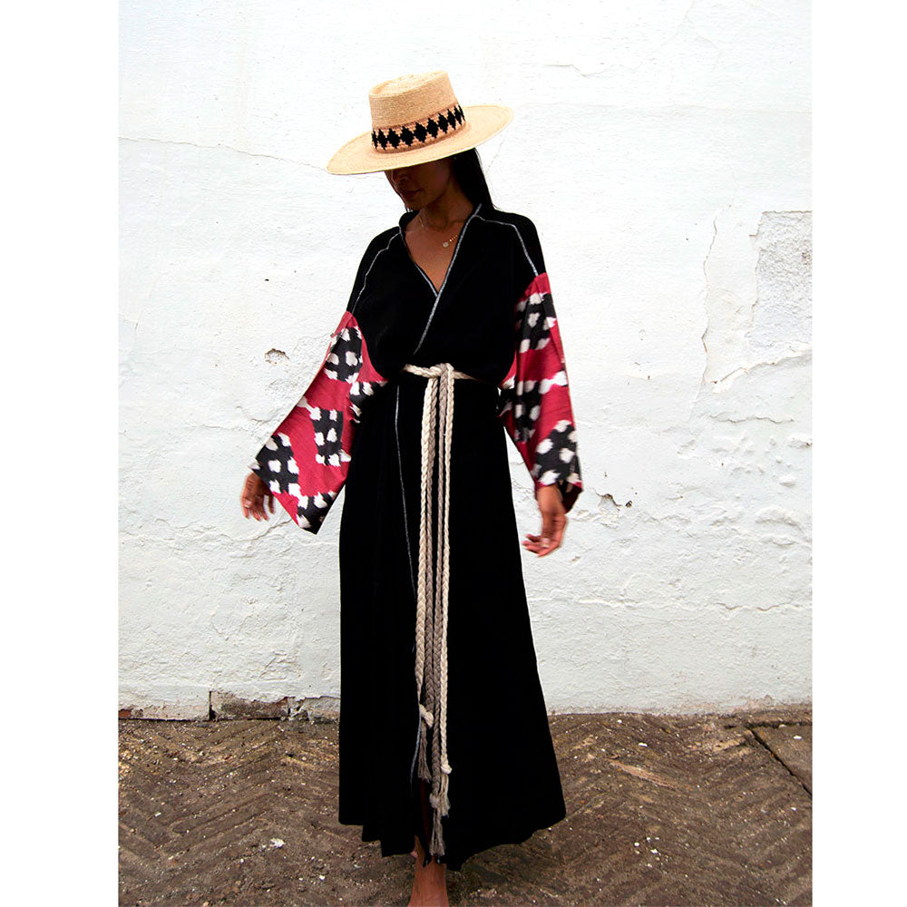 Silk Ikat Muslin Robe Black&Burgundy