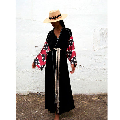Silk Ikat Muslin Robe Black&Burgundy