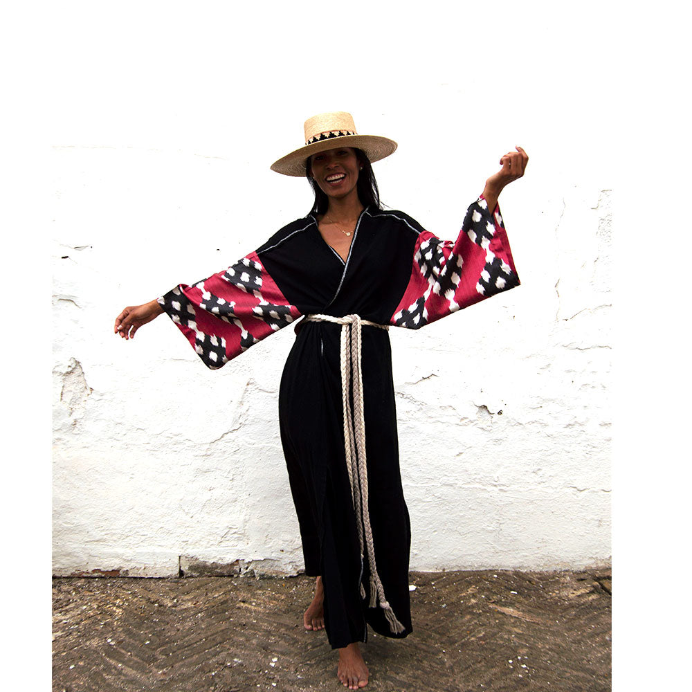 Silk Ikat Muslin Robe Black&Burgundy