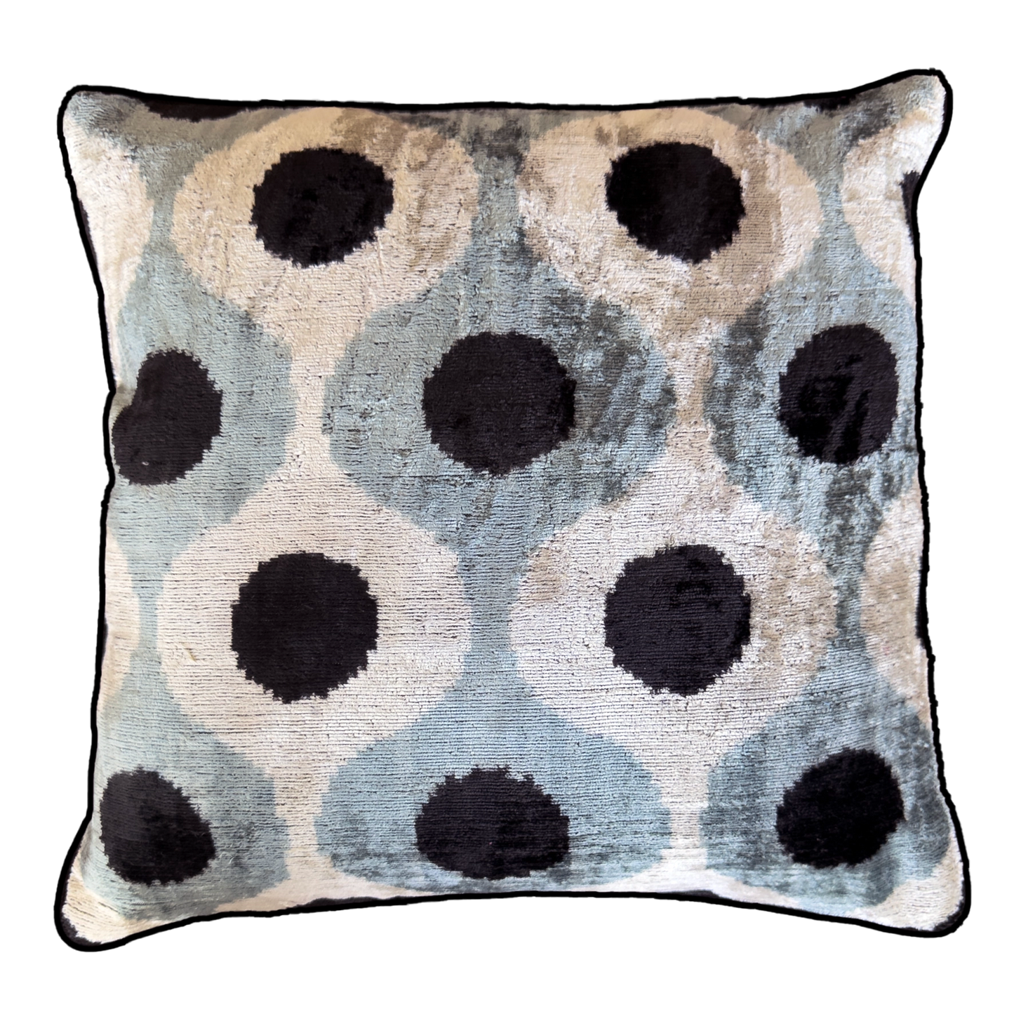 Handmade Black Dot silk velvet ikat cushion cover featuring bold black dots on an ivory and grey geometric pattern, 50×50 cm.