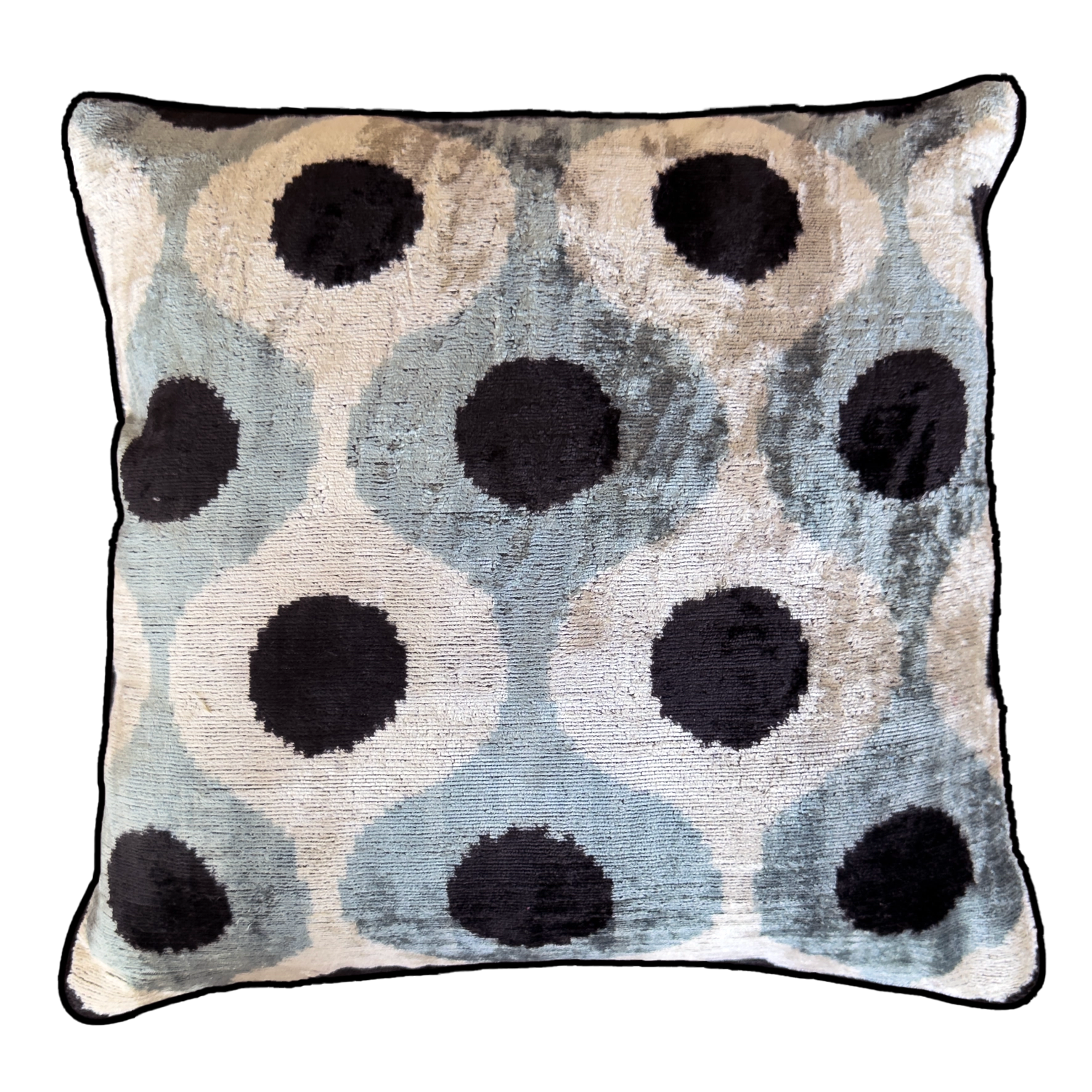 Handmade Black Dot silk velvet ikat cushion cover featuring bold black dots on an ivory and grey geometric pattern, 50×50 cm.