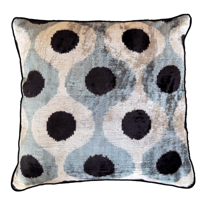 Handmade Black Dot silk velvet ikat cushion cover featuring bold black dots on an ivory and grey geometric pattern, 50×50 cm.