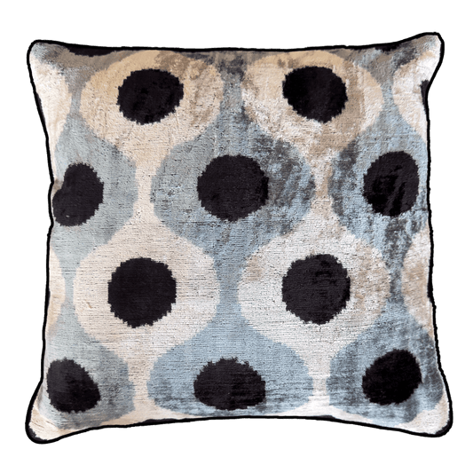 Handmade Black Dot silk velvet ikat cushion cover featuring bold black dots on an ivory and grey geometric pattern, 50×50 cm.