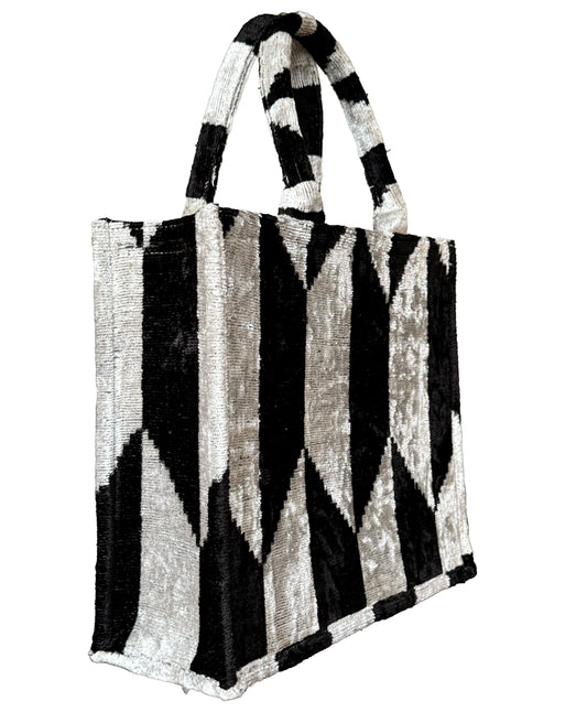 Black and White Geometric Ikat Velvet Large Tote Bag
