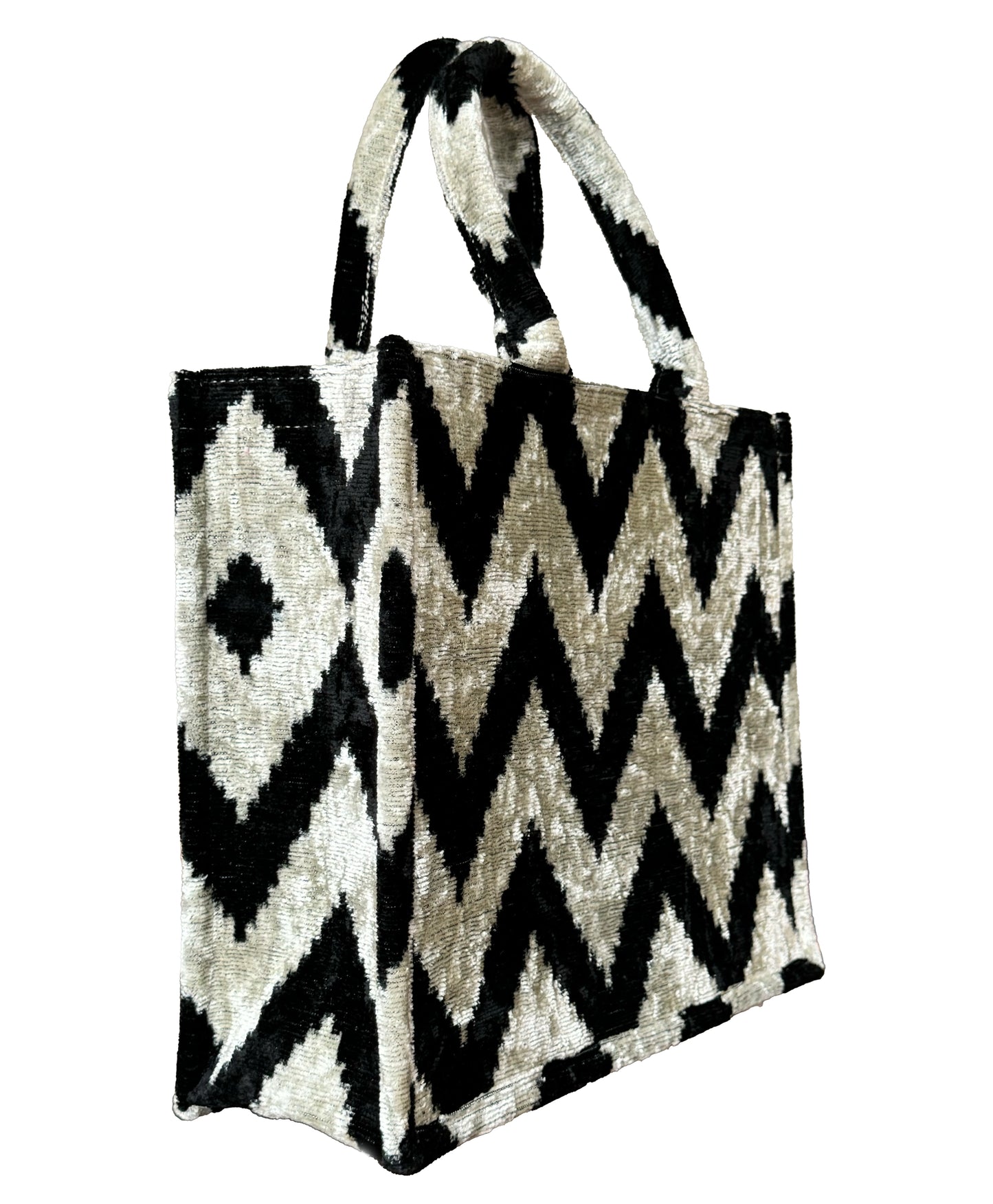 Black and White Zigzag Ikat Velvet Large Tote Bag - MIASETA