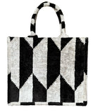 Black and White Geometric Ikat Velvet Large Tote Bag