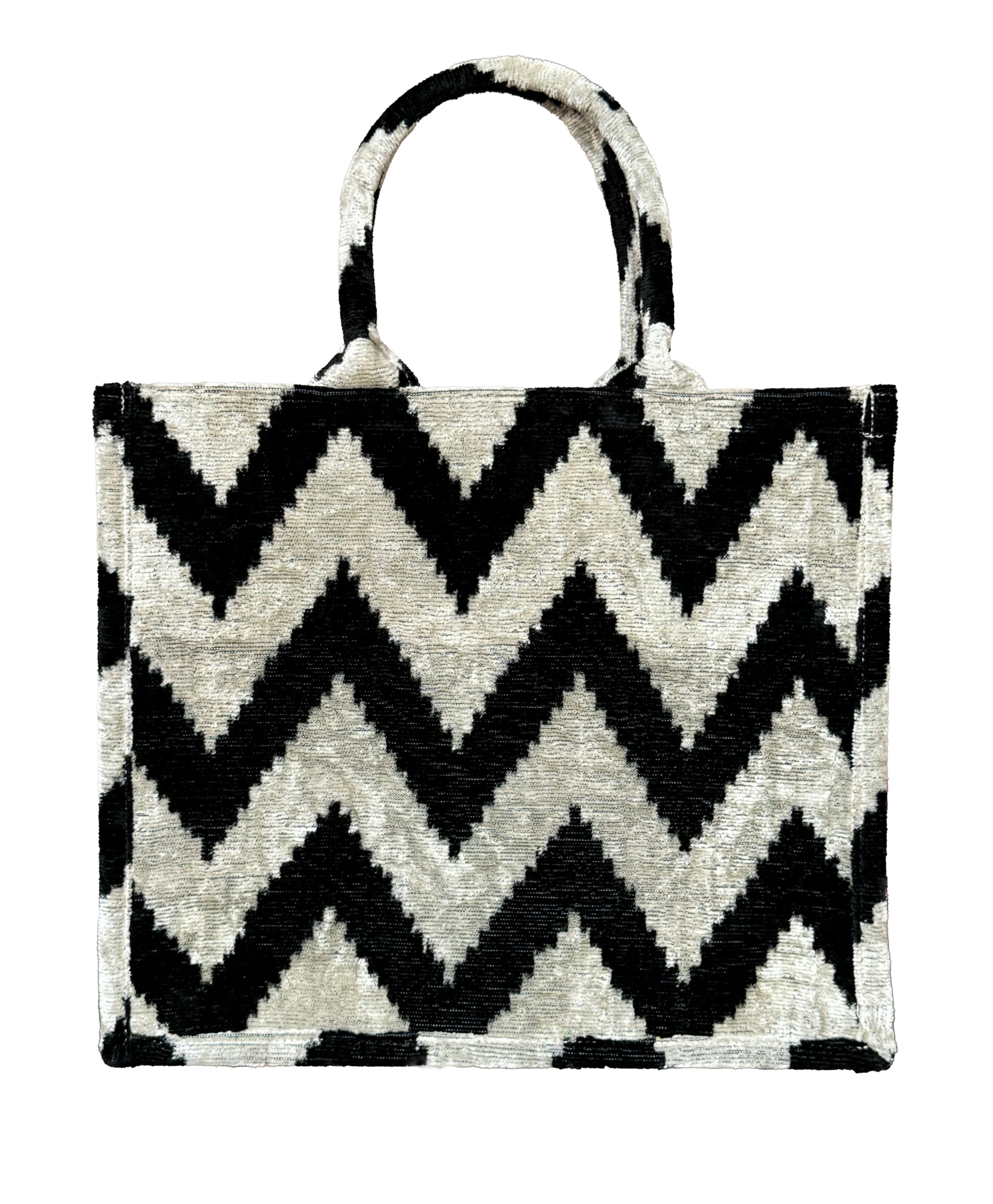 Black and White Zigzag Ikat Velvet Large Tote Bag - MIASETA