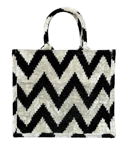 Black and White Zigzag Ikat Velvet Large Tote Bag - MIASETA