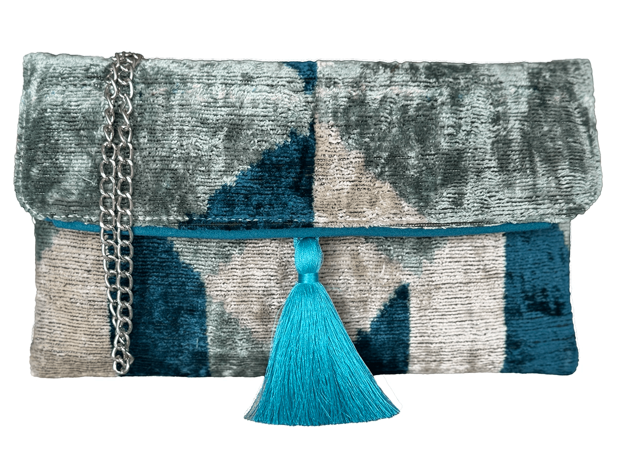 Handmade blue and grey silk velvet ikat clutch with silver chain and silk tassel, luxury wholesale artisan evening bag