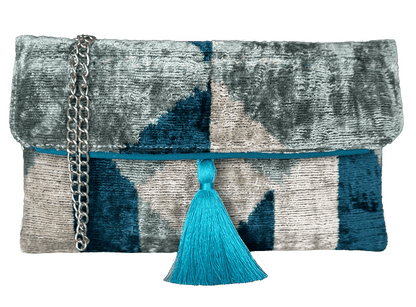 Handmade blue and grey silk velvet ikat clutch with silver chain and silk tassel, luxury wholesale artisan evening bag