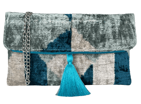 Handmade blue and grey silk velvet ikat clutch with silver chain and silk tassel, luxury wholesale artisan evening bag