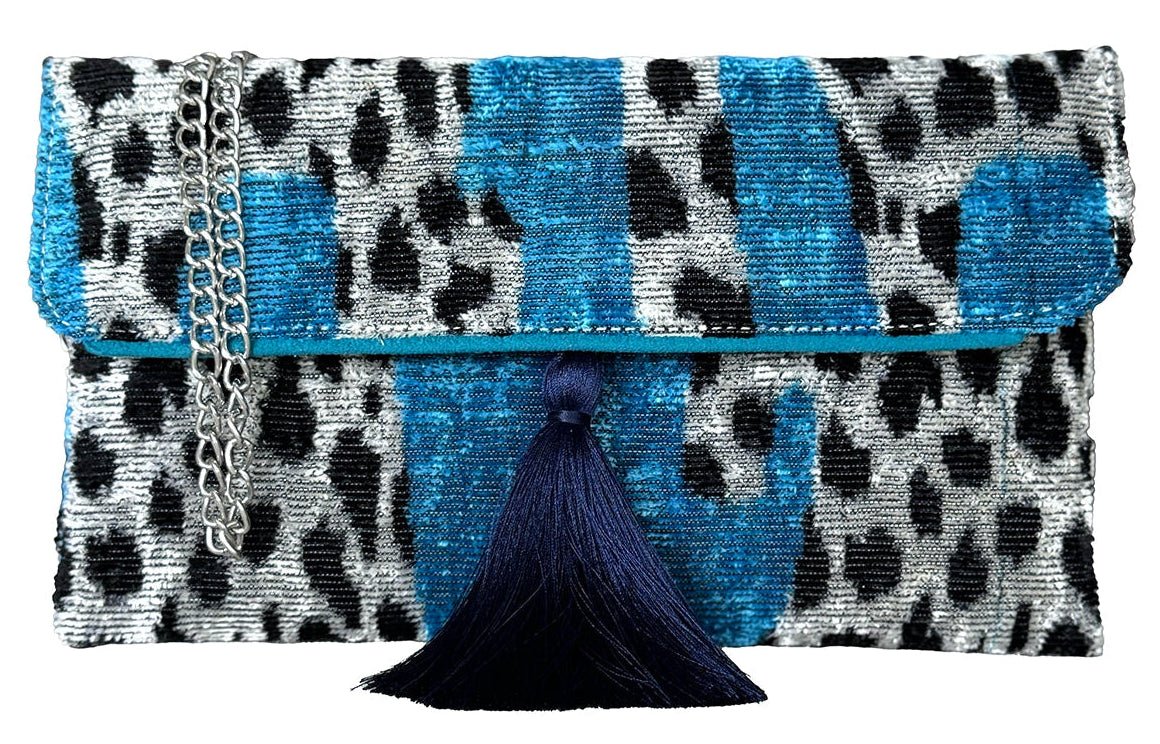Blue & Black Silk Velvet Ikat Clutch with Silver Chain & Tassel | Handmade Wholesale Luxury Bag