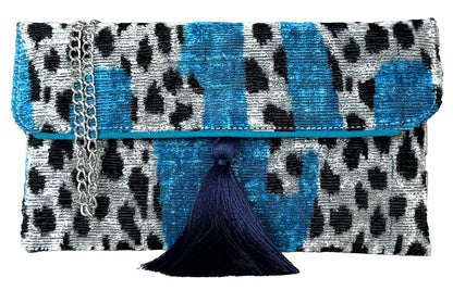 Blue & Black Silk Velvet Ikat Clutch with Silver Chain & Tassel | Handmade Wholesale Luxury Bag