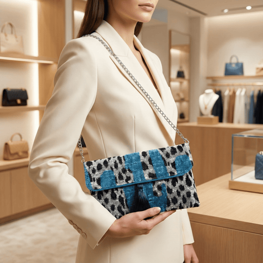 MIASETA Blue & Black Silk Velvet Ikat Clutch with Silver Chain & Tassel | Handmade Wholesale Luxury Bag Clutch