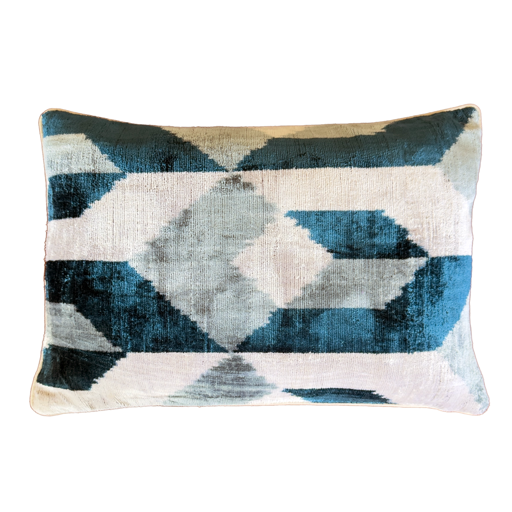 Handmade Blue Diamond silk velvet ikat cushion cover featuring a geometric pattern in blue, grey and ivory with a soft velvet back, 40×60 cm.