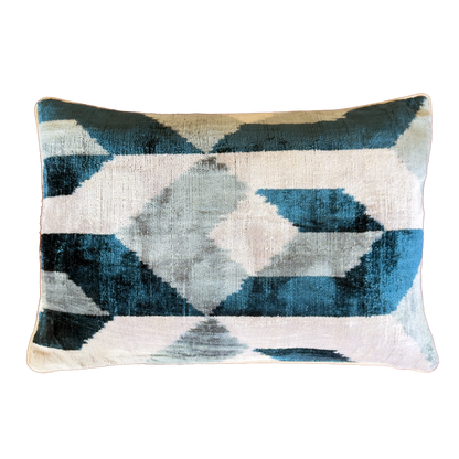 Handmade Blue Diamond silk velvet ikat cushion cover featuring a geometric pattern in blue, grey and ivory with a soft velvet back, 40×60 cm.