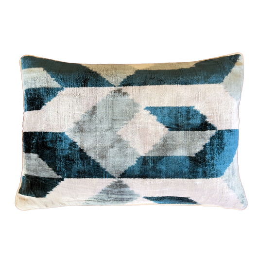 Handmade Blue Diamond silk velvet ikat cushion cover featuring a geometric pattern in blue, grey and ivory with a soft velvet back, 40×60 cm.