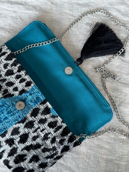 Blue & Black Silk Velvet Ikat Clutch with Silver Chain & Tassel | Handmade Handmade Wholesale Luxury Bag
