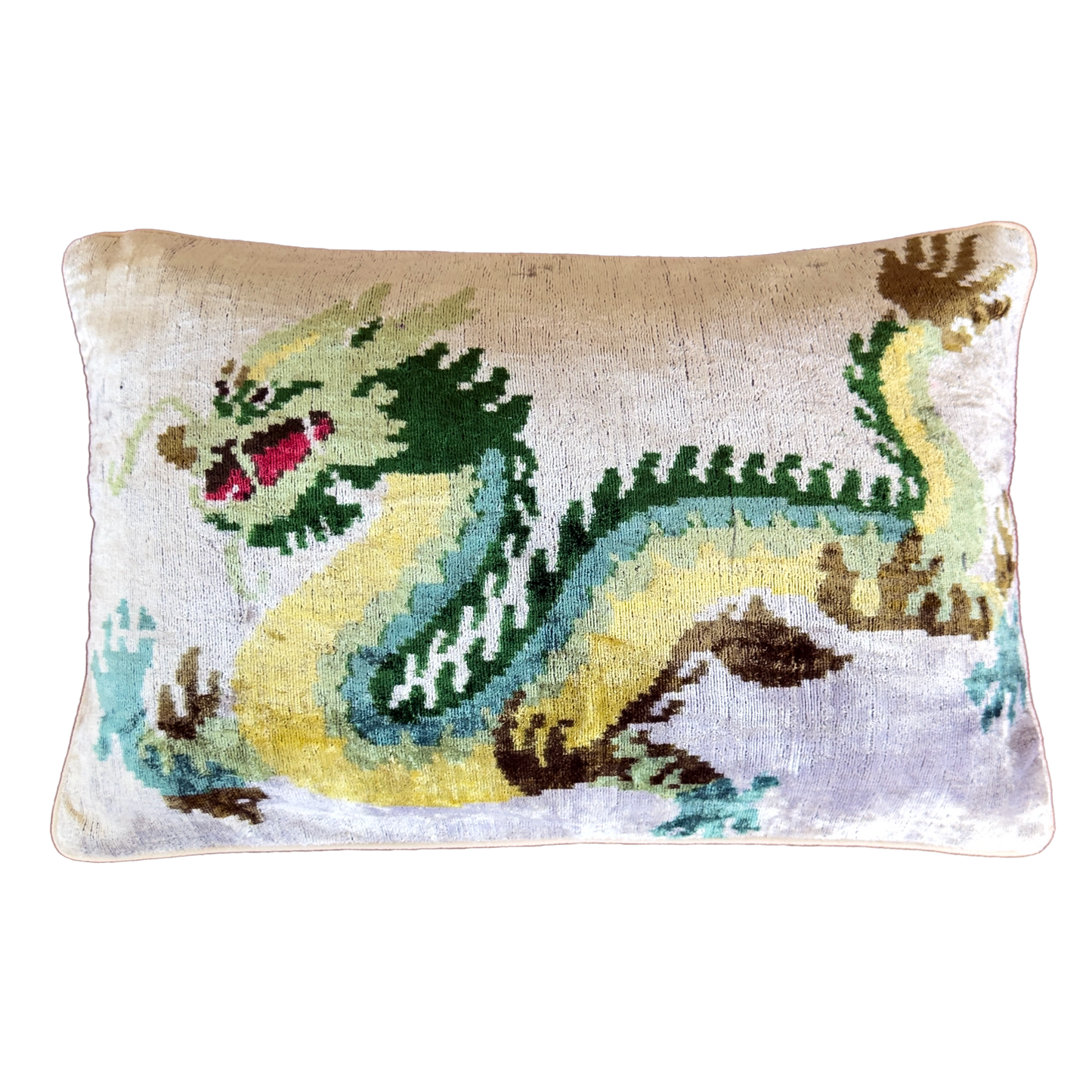 Handmade Chinese dragon silk velvet ikat cushion cover featuring a green and yellow dragon motif on an ivory background with a soft velvet back, 40×60 cm.