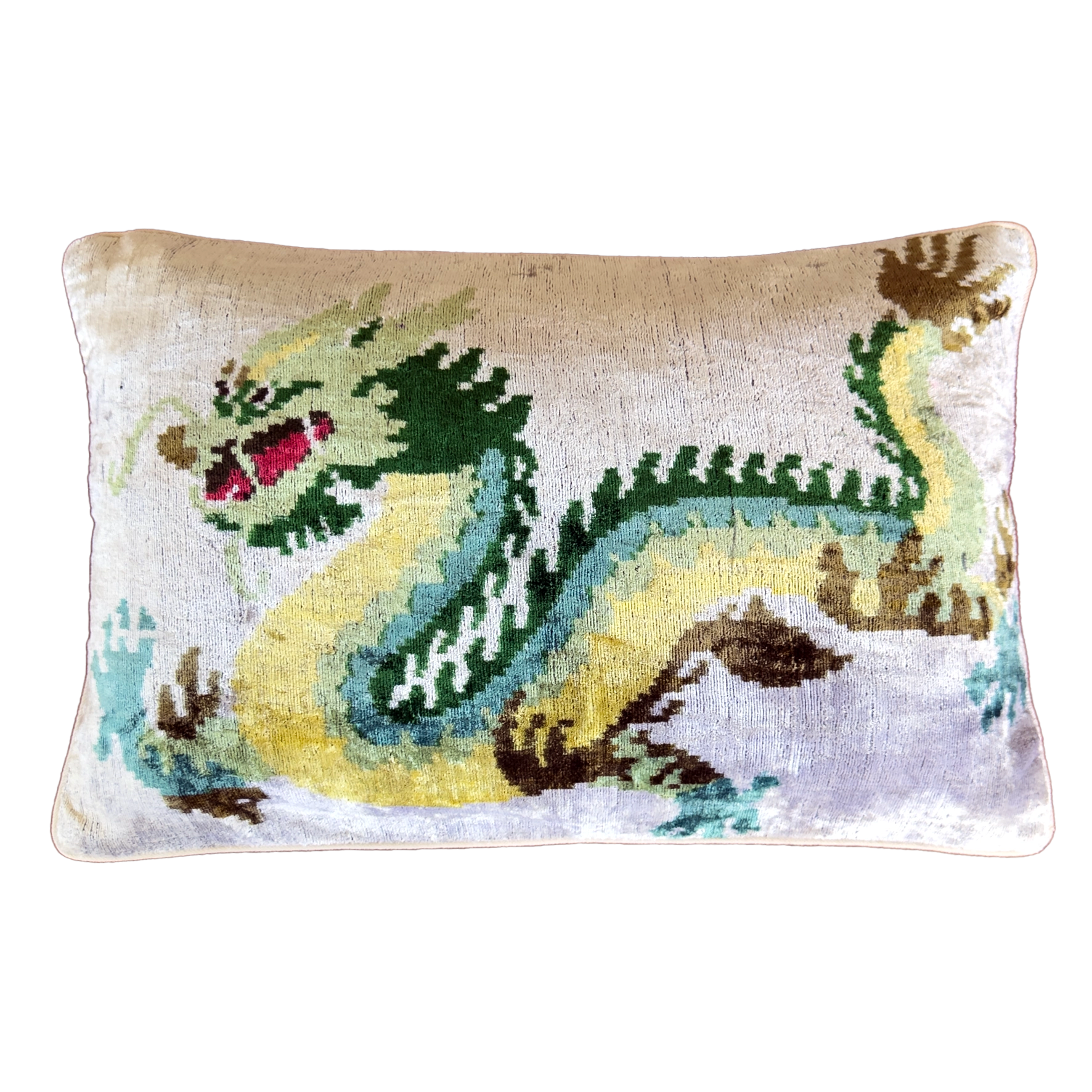 Handmade Chinese dragon silk velvet ikat cushion cover featuring a green and yellow dragon motif on an ivory background with a soft velvet back, 40×60 cm.