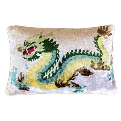 Handmade Chinese dragon silk velvet ikat cushion cover featuring a green and yellow dragon motif on an ivory background with a soft velvet back, 40×60 cm.