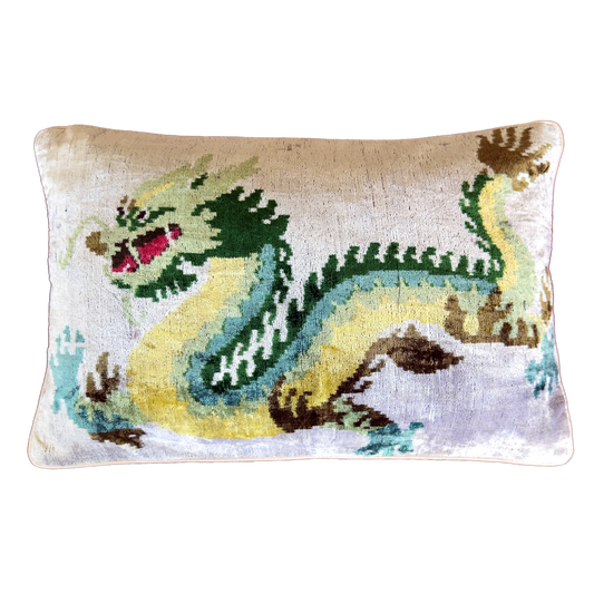 Handmade Chinese dragon silk velvet ikat cushion cover featuring a green and yellow dragon motif on an ivory background with a soft velvet back, 40×60 cm.