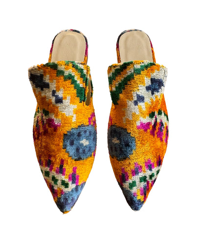 Pointed Ikat Silk Velvet Mules, Handmade Elegance