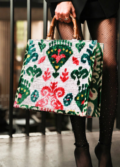 Colorful Ikat Velvet Bamboo Handle Large Tote Bag