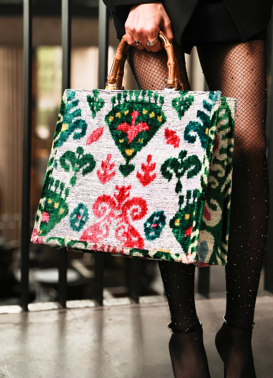 Colorful Ikat Velvet Bamboo Handle Large Tote Bag
