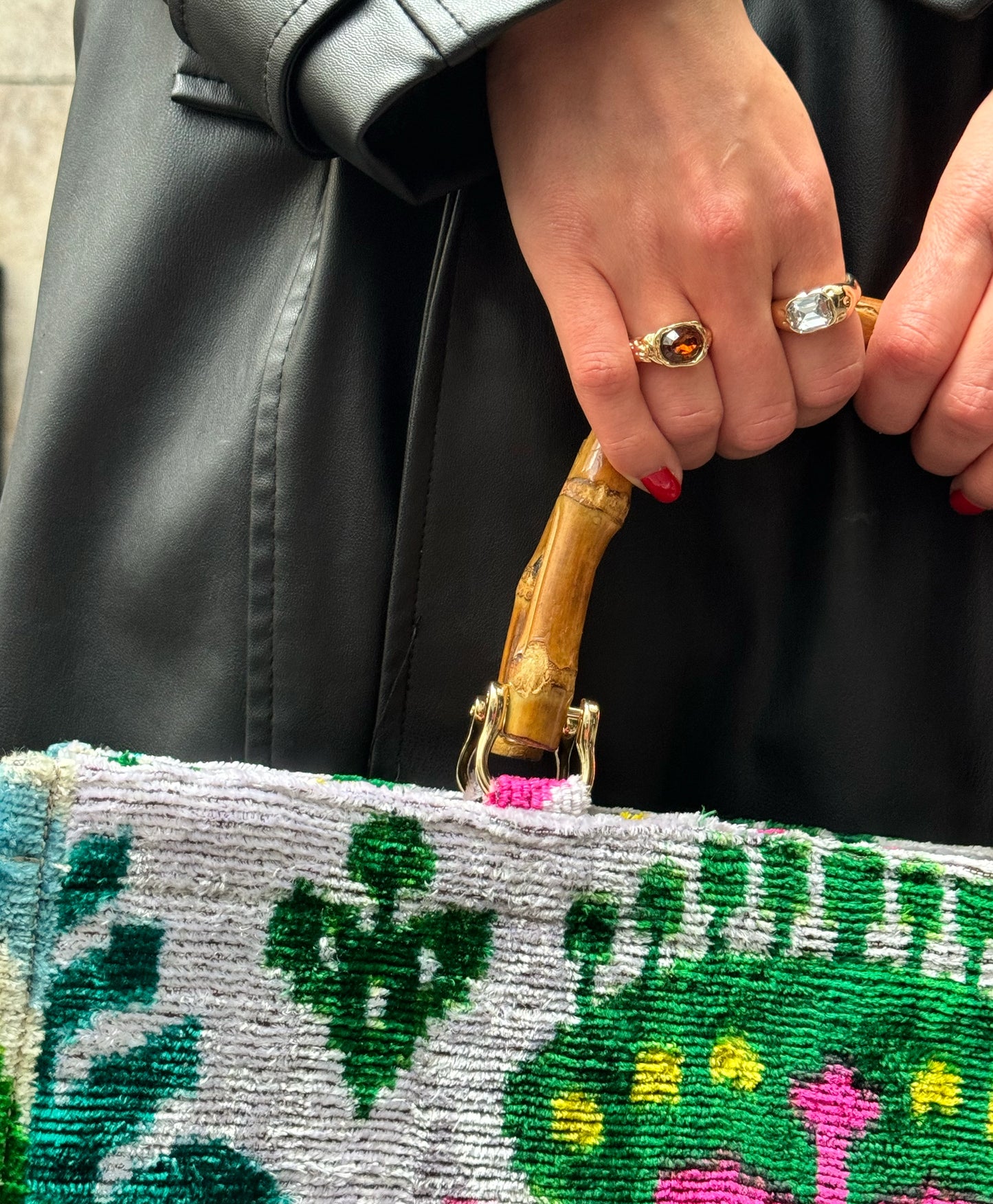 Colorful Silk velvet ikat Original Bamboo Handle Tote Bag