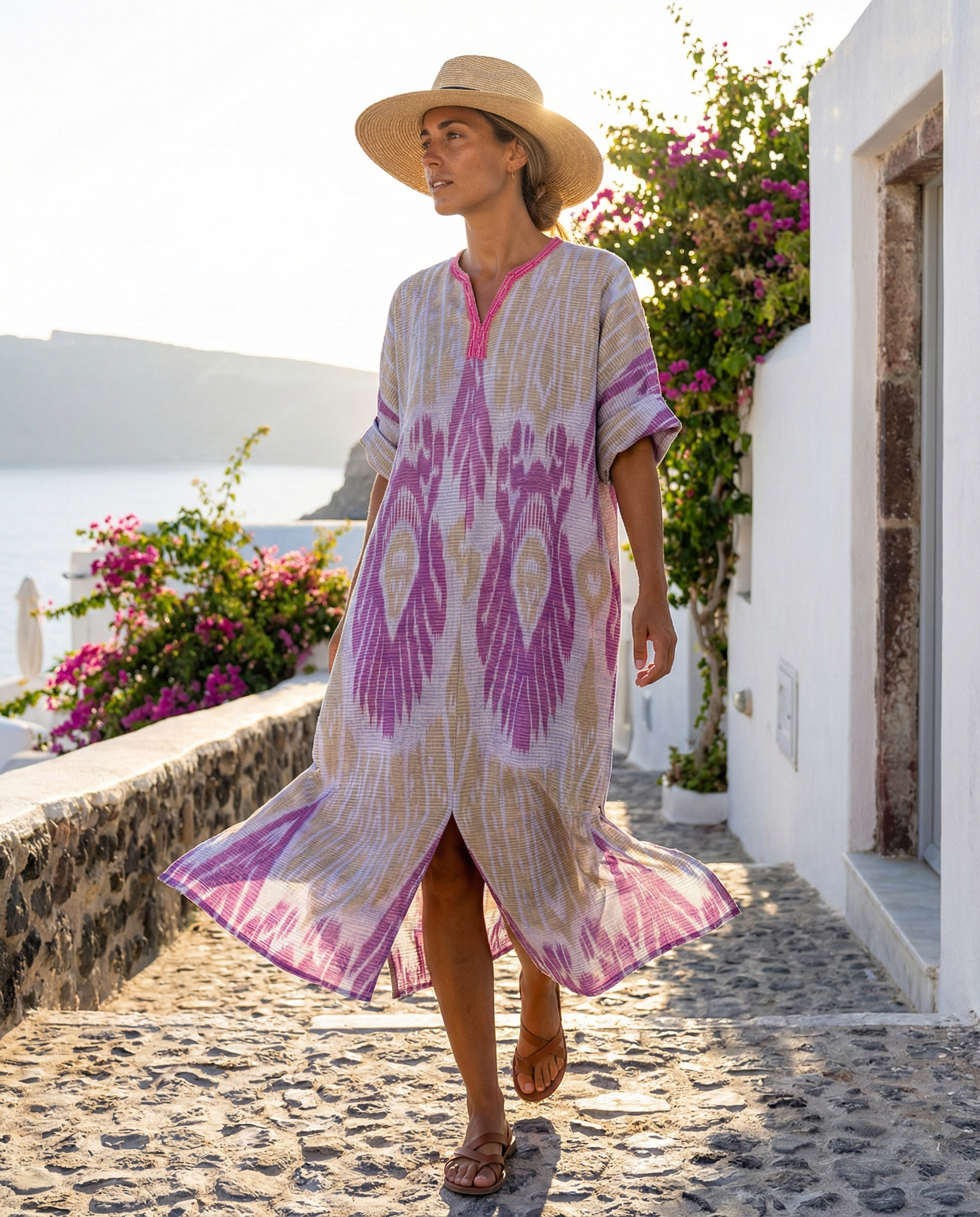 Woman in a cotton ikat patterned dress and hat walking on a sunlit street with flowers and white buildings.