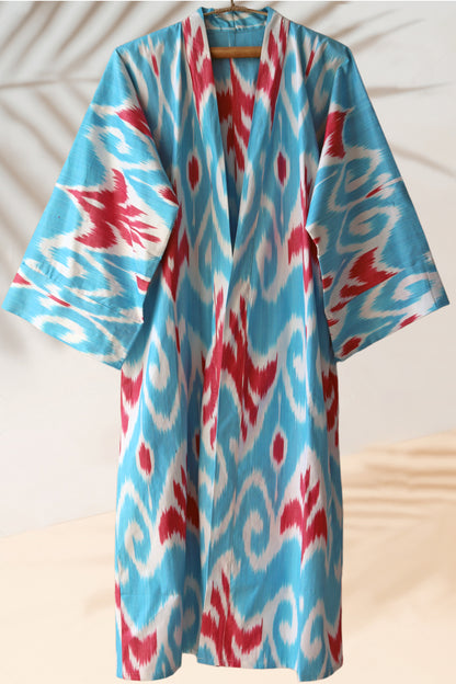 Caftán Azul Estilo Kimono Ikat De Algodón