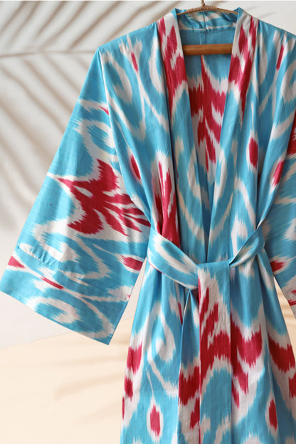 Caftán Azul Estilo Kimono Ikat De Algodón