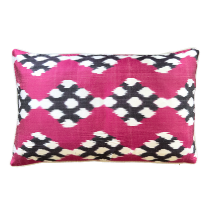 Double-sided silk ikat and antique handwoven linen pillow cover in burgundy tones, handmade in Istanbul, Turkey.